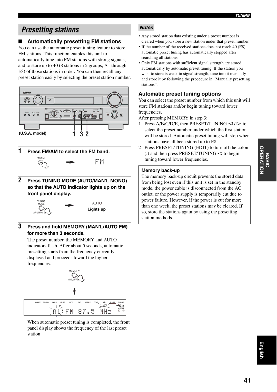 Yamaha RX-V2500 owner manual Presetting stations, Automatically presetting FM stations, Automatic preset tuning options 