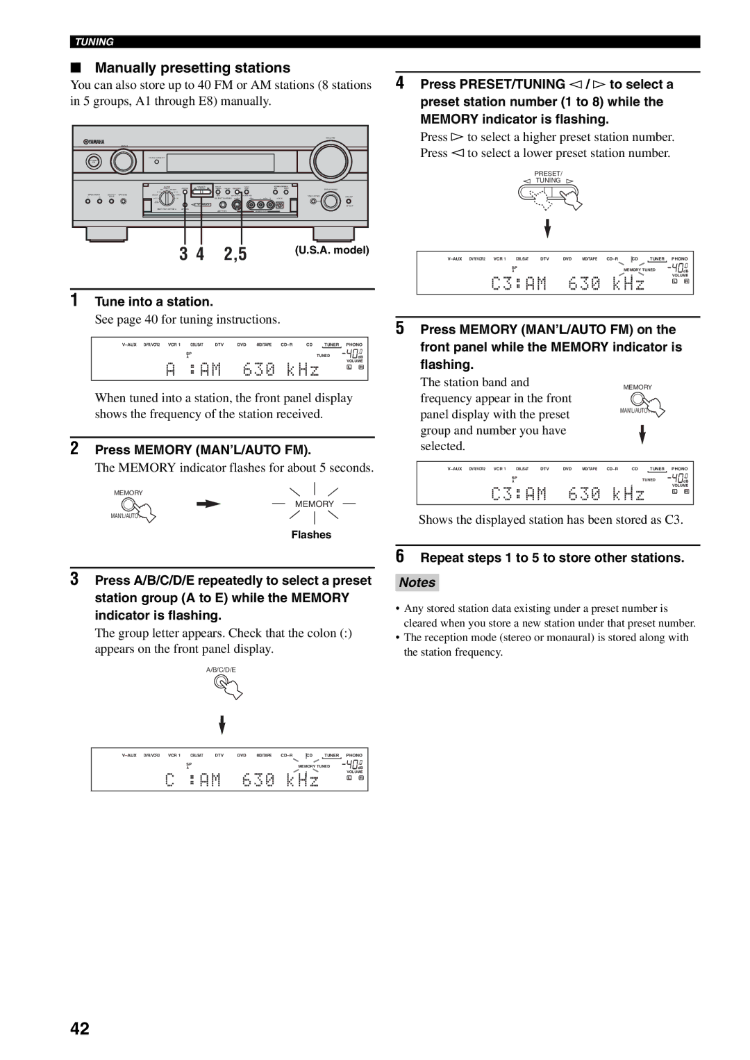 Yamaha RX-V2500 owner manual Manually presetting stations, Tune into a station, Press Memory MAN’L/AUTO FM 