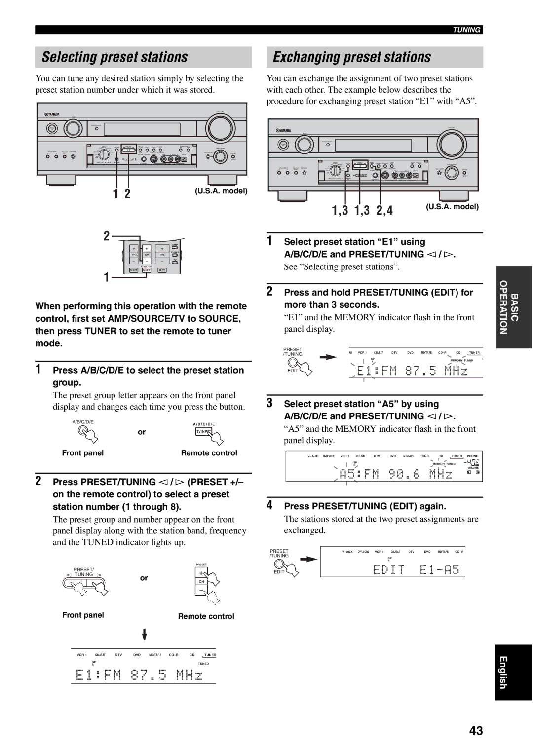 Yamaha RX-V2500 owner manual Selecting preset stations, Exchanging preset stations, Press PRESET/TUNING Edit again 