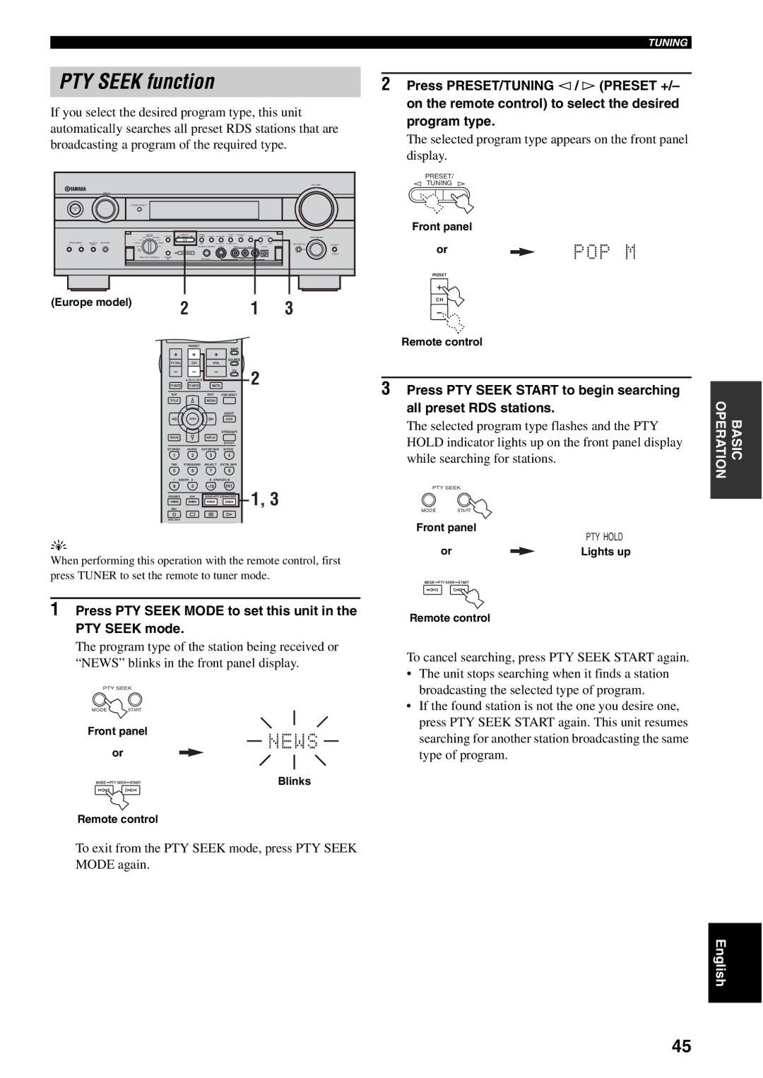 Yamaha RX-V2500 owner manual PTY Seek function, Selected program type appears on the front panel display, Europe model 