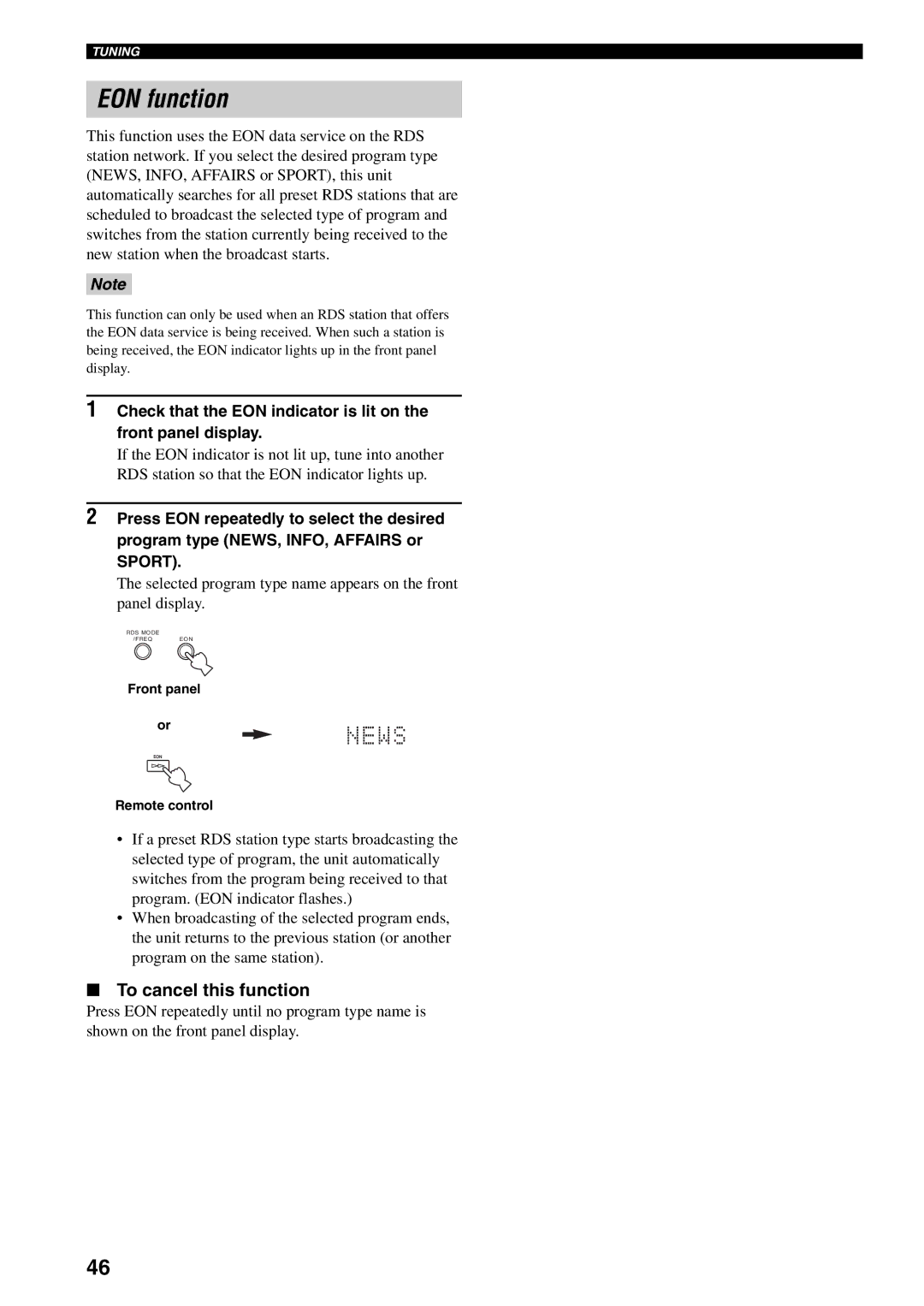 Yamaha RX-V2500 owner manual EON function, To cancel this function 