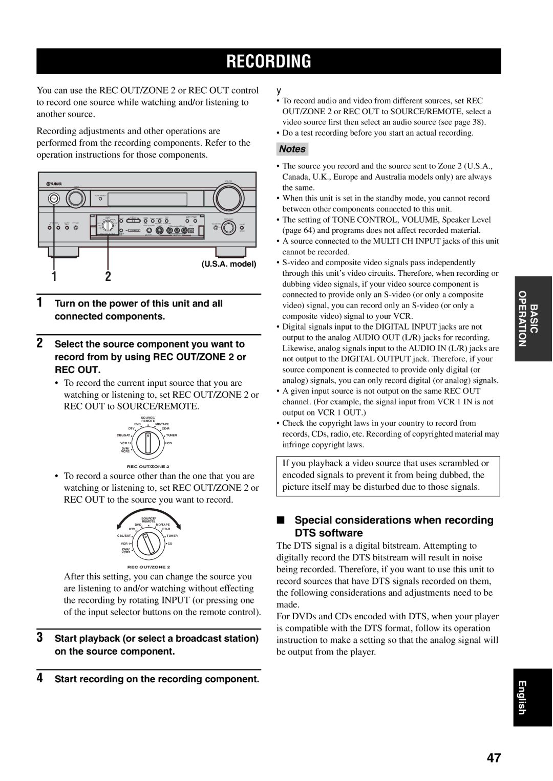 Yamaha RX-V2500 owner manual Recording, Special considerations when recording DTS software, Rec Out 