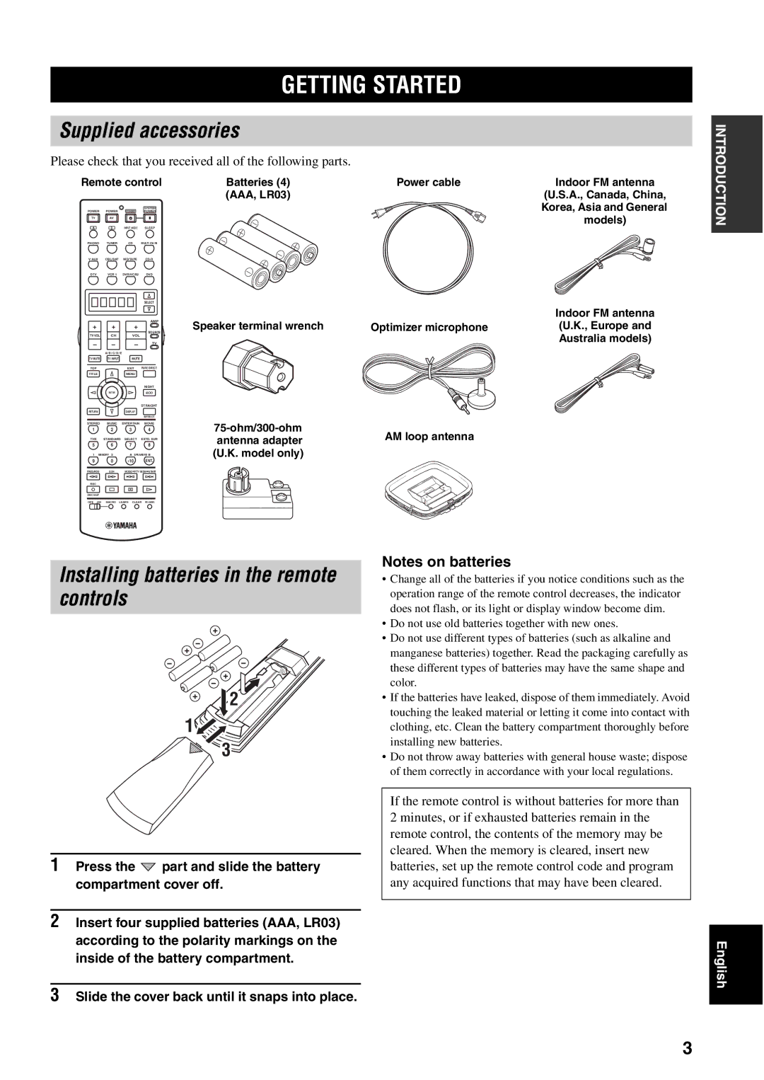 Yamaha RX-V2500 Getting Started, Supplied accessories, Installing batteries in the remote controls, Remote control 