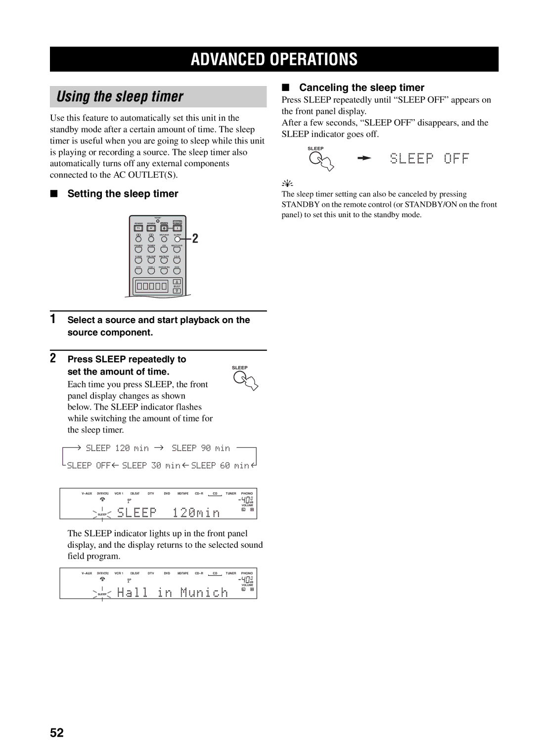 Yamaha RX-V2500 owner manual Advanced Operations, Using the sleep timer, Setting the sleep timer, Canceling the sleep timer 