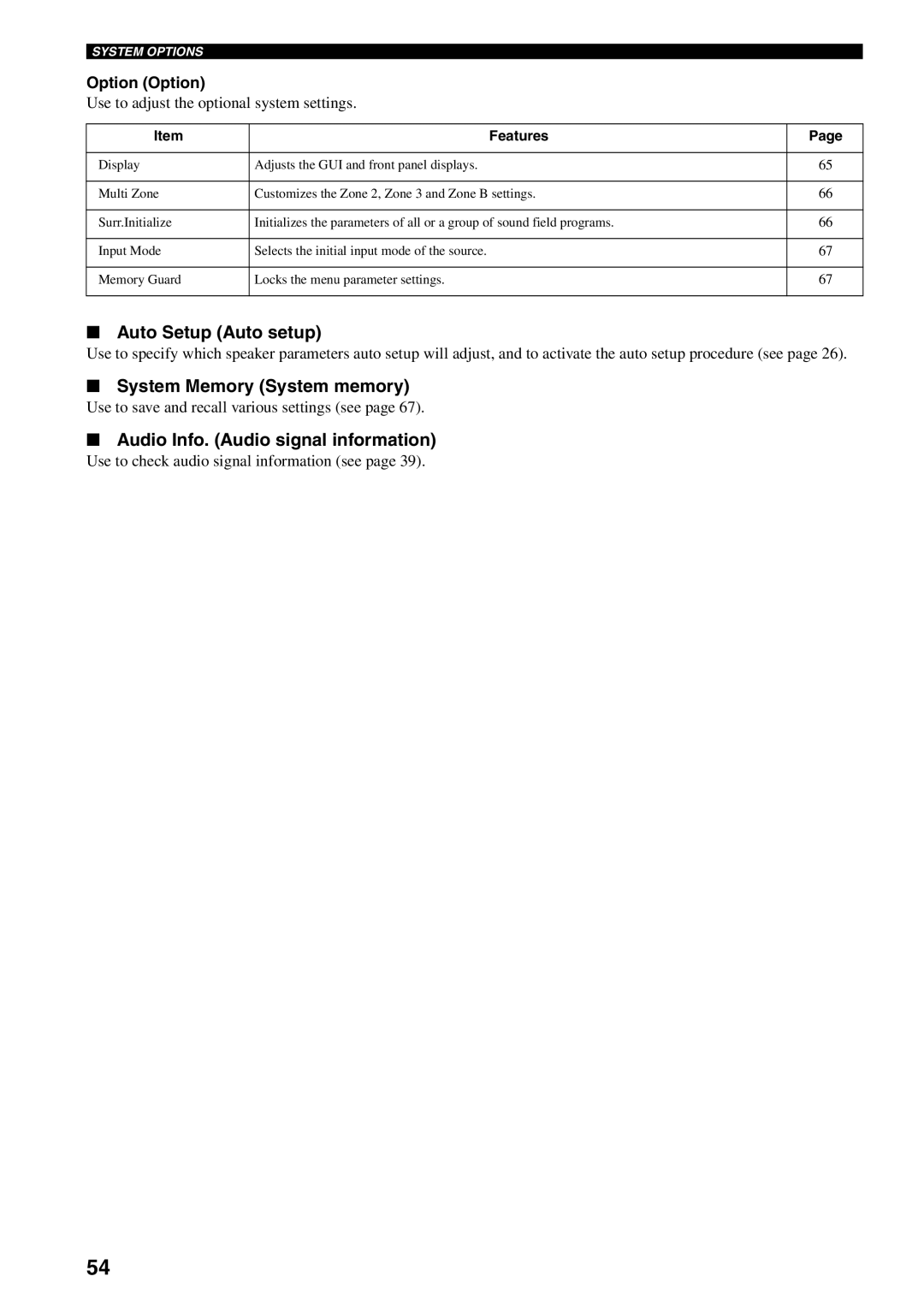 Yamaha RX-V2500 Auto Setup Auto setup, System Memory System memory, Audio Info. Audio signal information, Option Option 