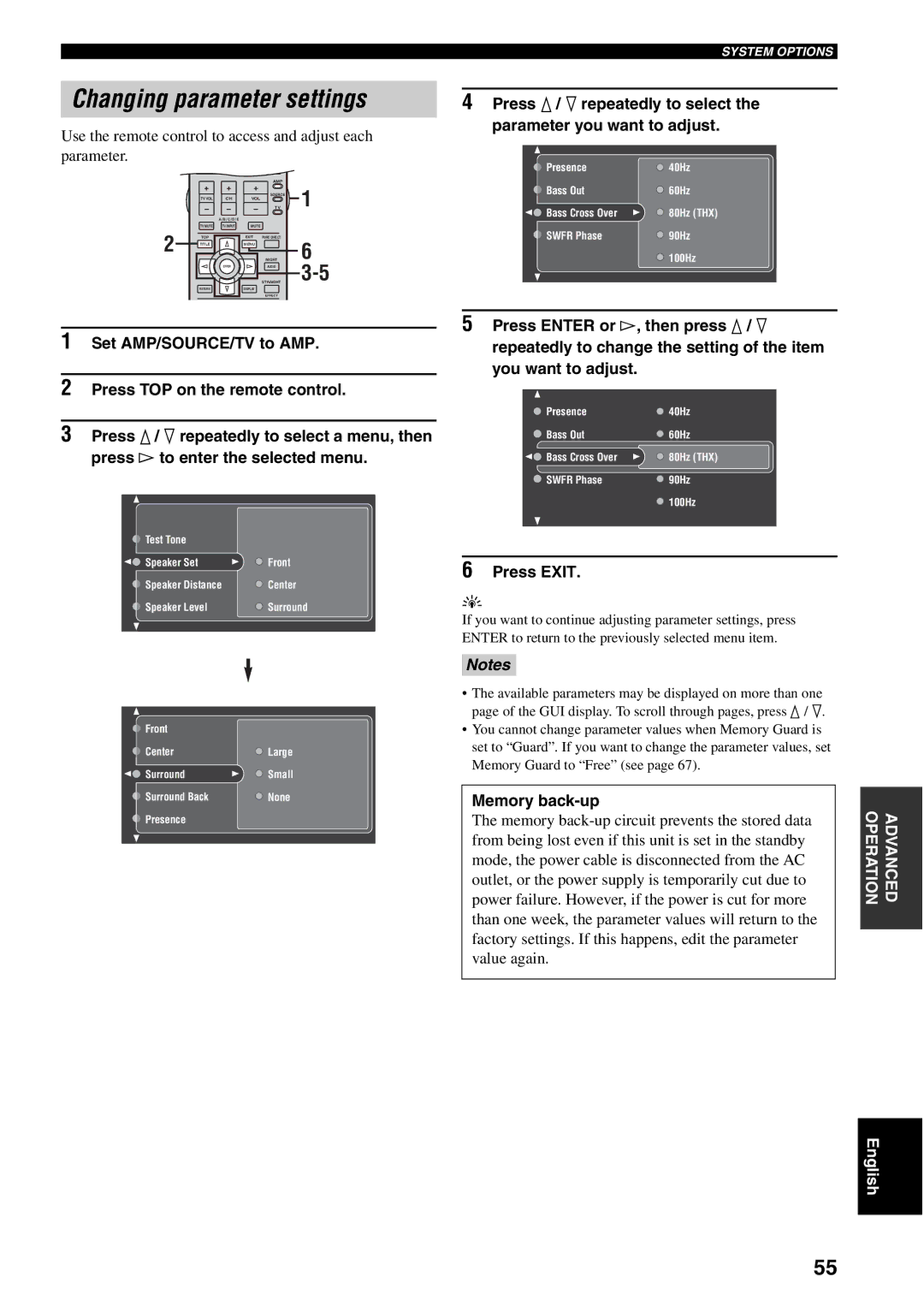 Yamaha RX-V2500 Changing parameter settings, Use the remote control to access and adjust each parameter, Press Exit 