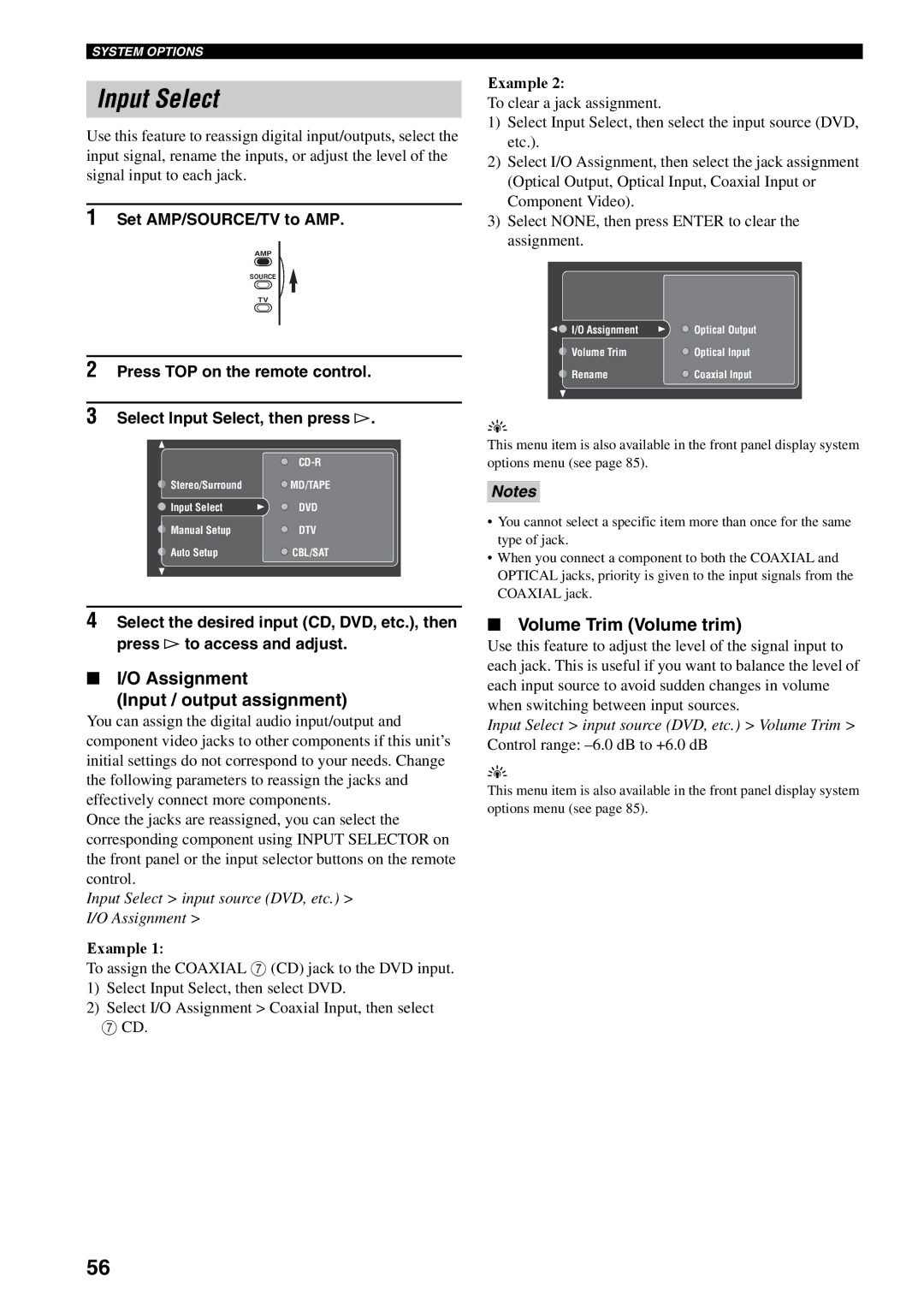 Yamaha RX-V2500 Input Select, Assignment Input / output assignment, Volume Trim Volume trim, Set AMP/SOURCE/TV to AMP 