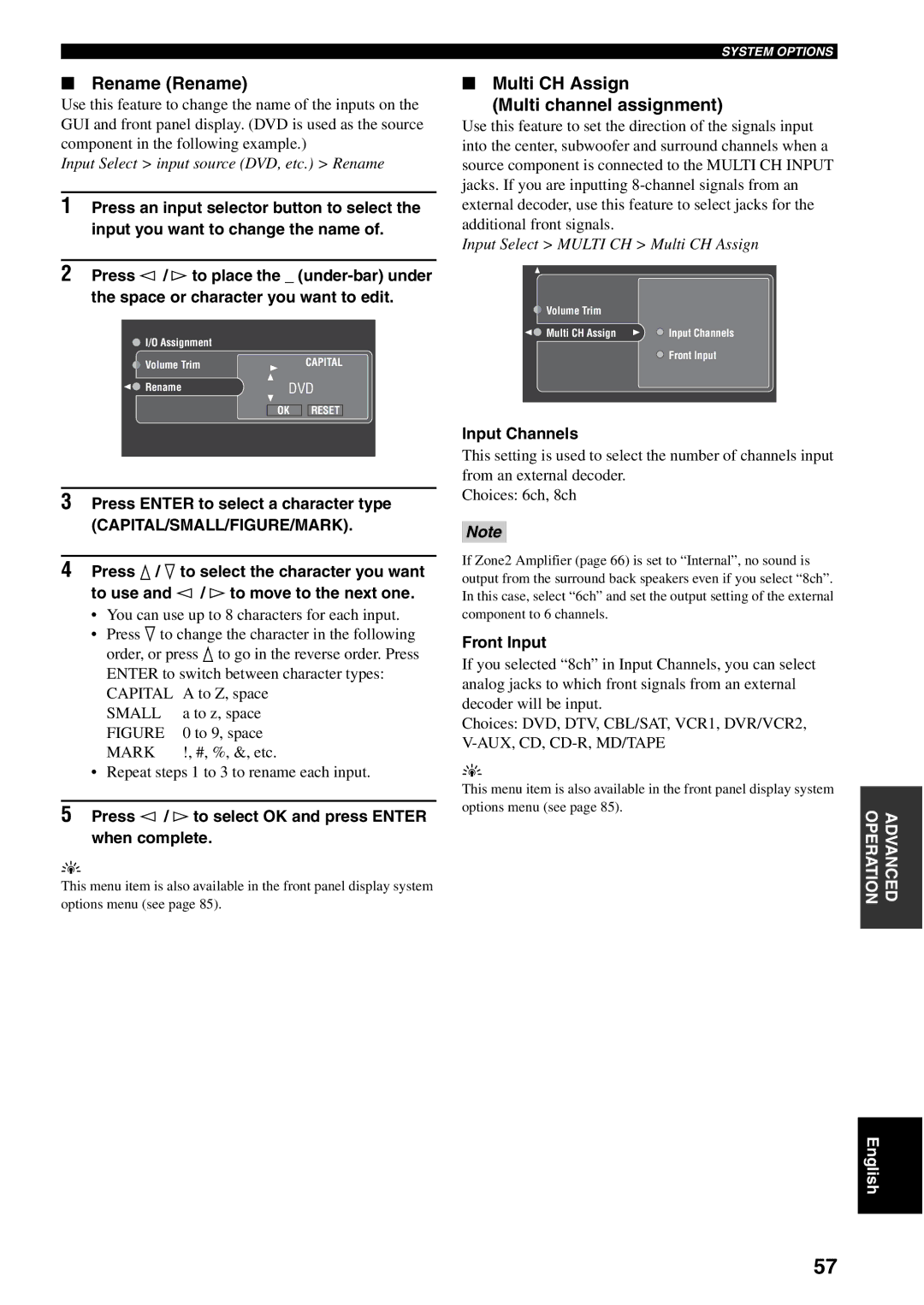 Yamaha RX-V2500 owner manual Rename Rename, Multi CH Assign Multi channel assignment, Input Channels, Front Input 