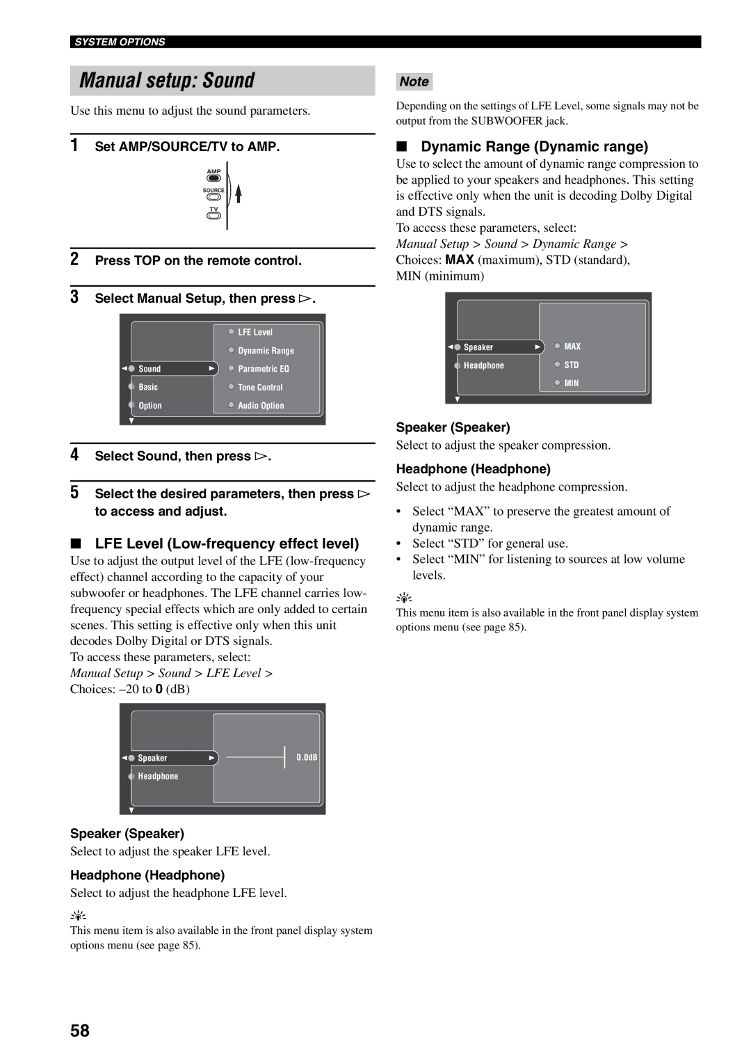 Yamaha RX-V2500 Manual setup Sound, LFE Level Low-frequency effect level, Dynamic Range Dynamic range, Speaker Speaker 