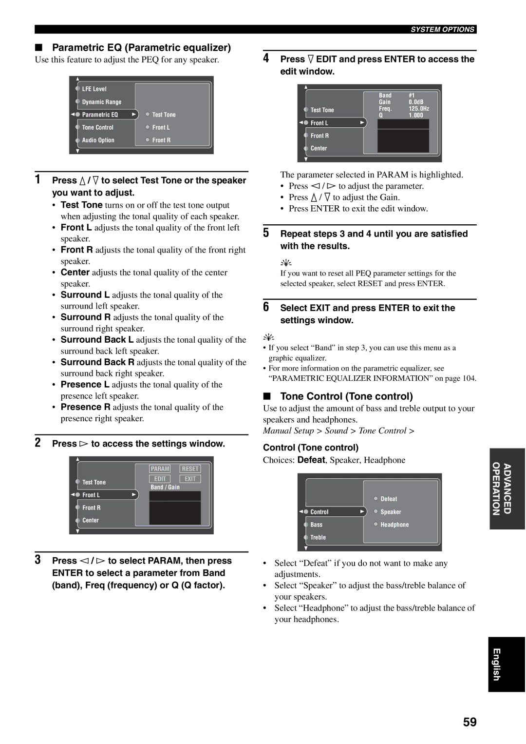 Yamaha RX-V2500 Parametric EQ Parametric equalizer, Tone Control Tone control, Press h to access the settings window 