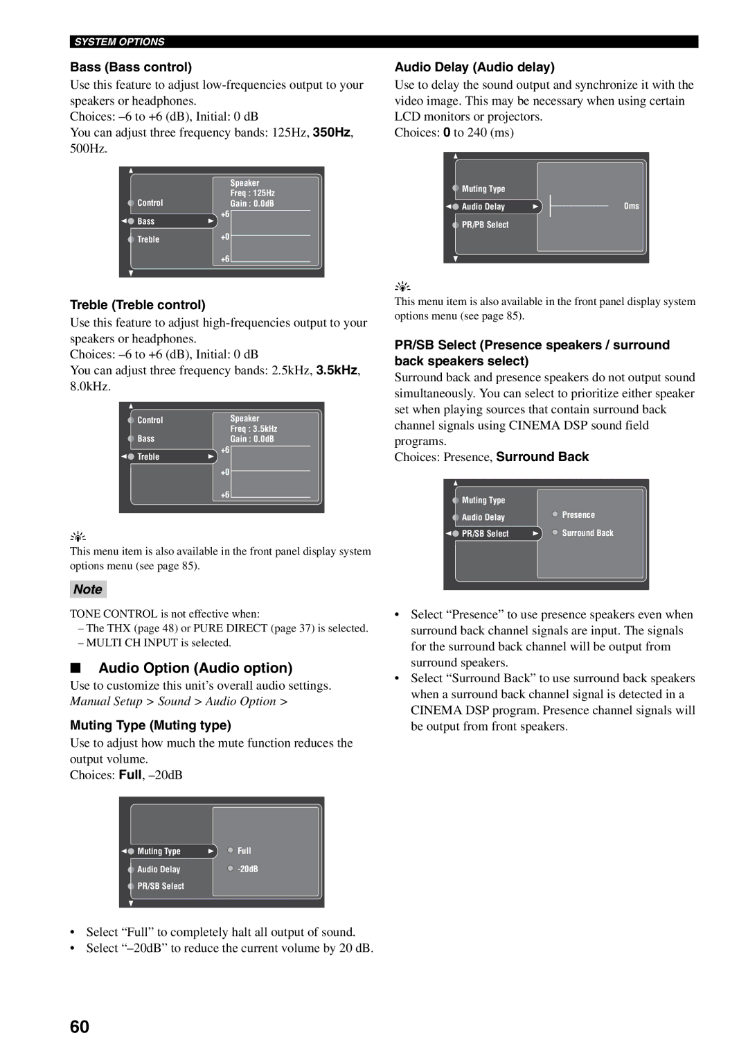 Yamaha RX-V2500 owner manual Audio Option Audio option, Bass Bass control, Treble Treble control, Muting Type Muting type 