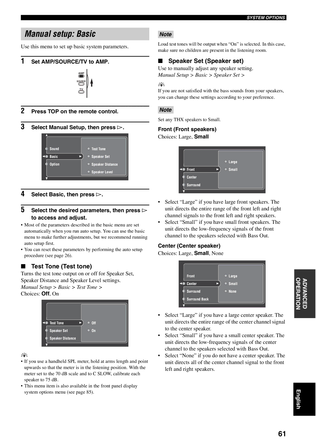 Yamaha RX-V2500 owner manual Manual setup Basic, Speaker Set Speaker set, Test Tone Test tone, Front Front speakers 