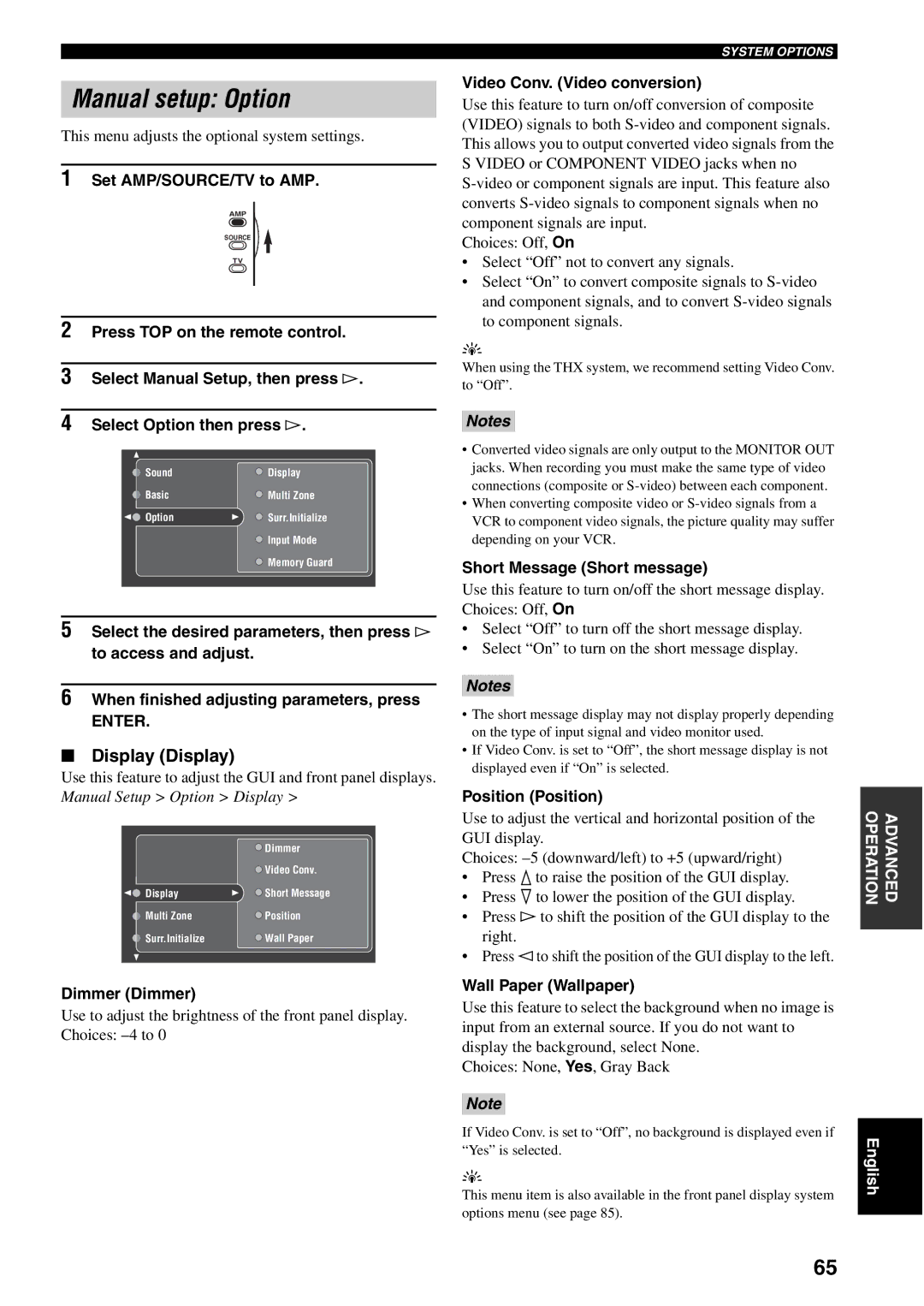 Yamaha RX-V2500 owner manual Manual setup Option, Display Display, Enter 