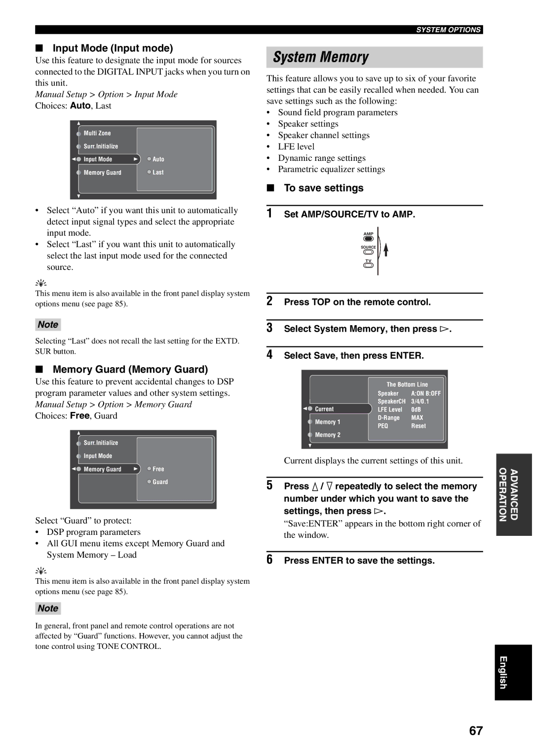 Yamaha RX-V2500 owner manual System Memory, Input Mode Input mode, Memory Guard Memory Guard, To save settings 