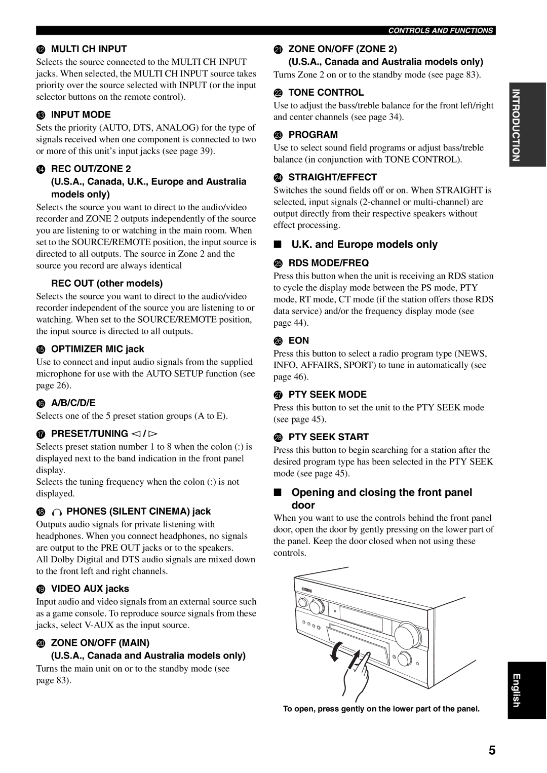 Yamaha RX-V2500 owner manual Europe models only, Opening and closing the front panel Door 