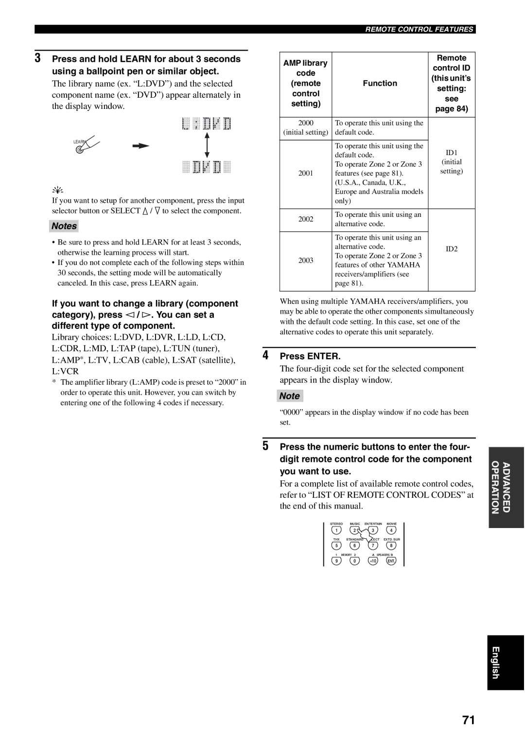 Yamaha RX-V2500 owner manual Press Enter, Control ID, Code This unit’s Remote, Control See Setting 