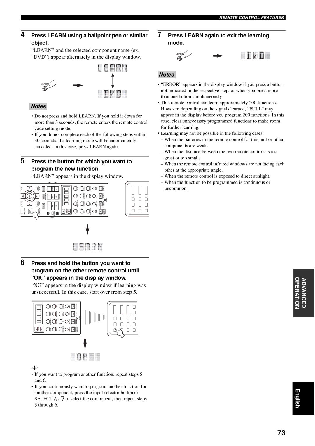 Yamaha RX-V2500 owner manual Press Learn using a ballpoint pen or similar object, Learn appears in the display window 