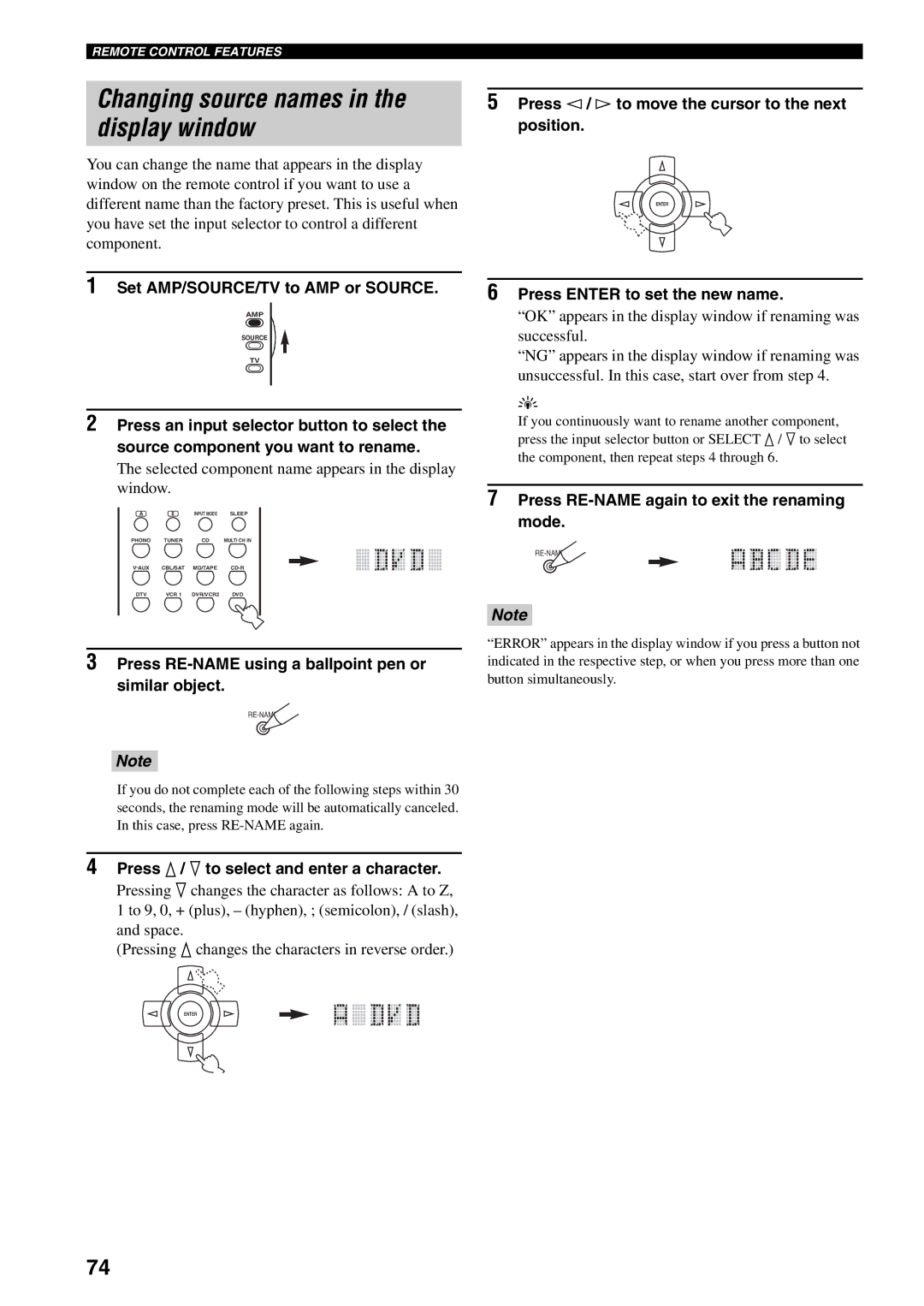 Yamaha RX-V2500 owner manual Changing source names, Display window 