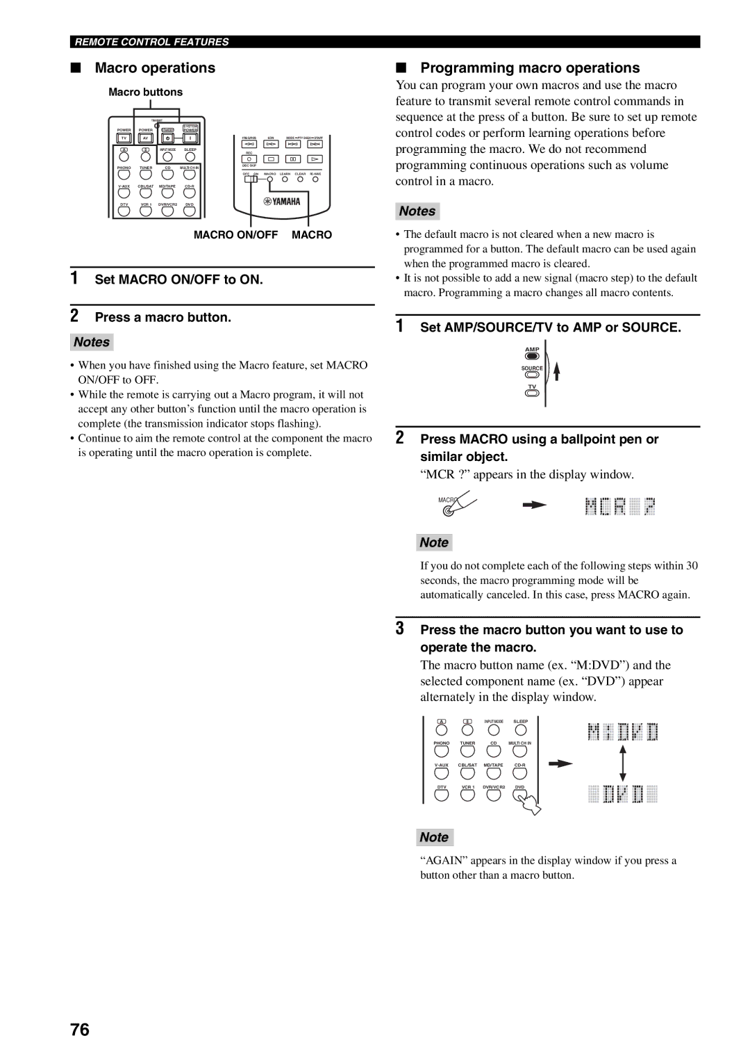 Yamaha RX-V2500 owner manual Macro operations, Programming macro operations, Set Macro ON/OFF to on Press a macro button 