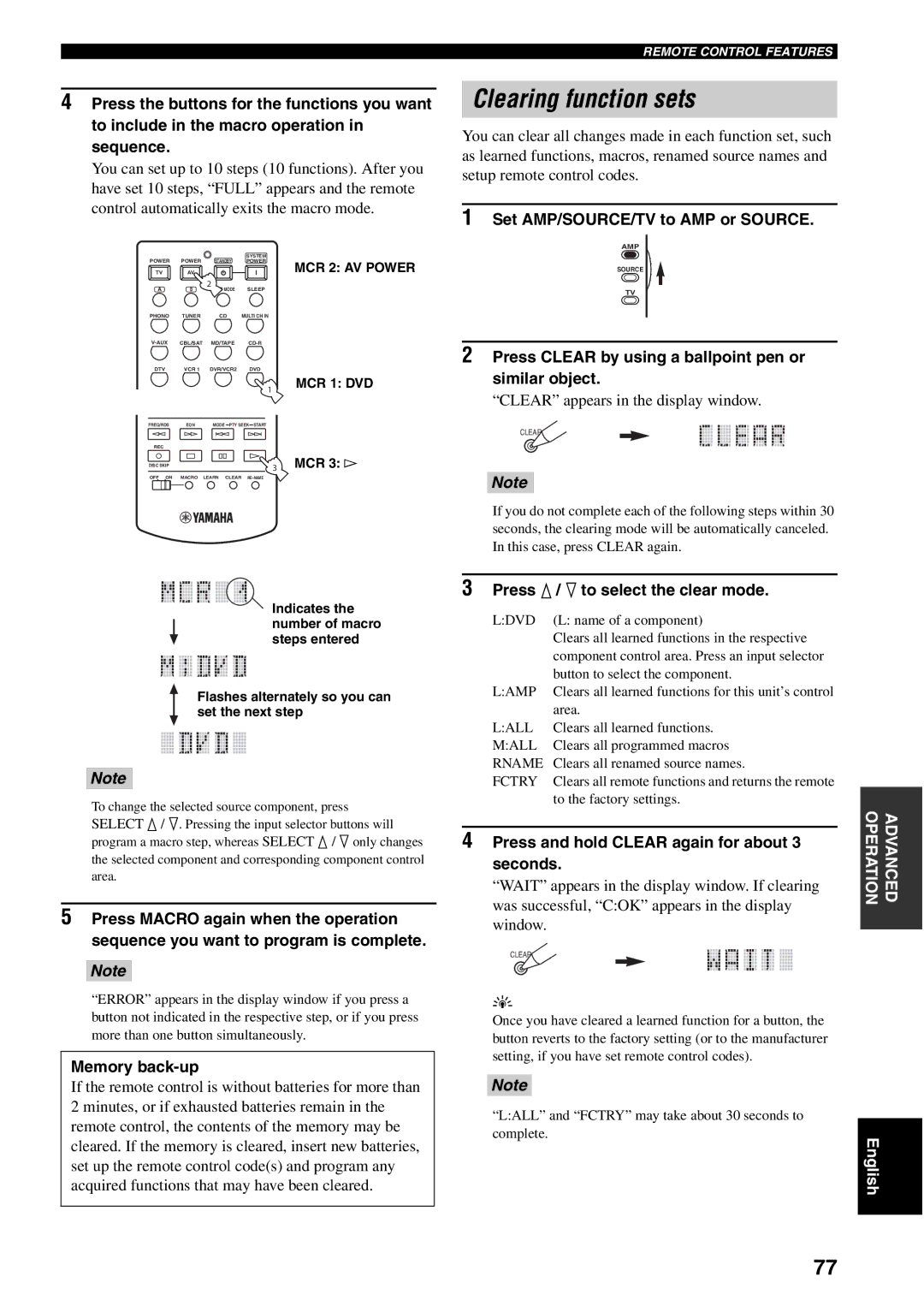 Yamaha RX-V2500 owner manual Clearing function sets, Press Clear by using a ballpoint pen or similar object 