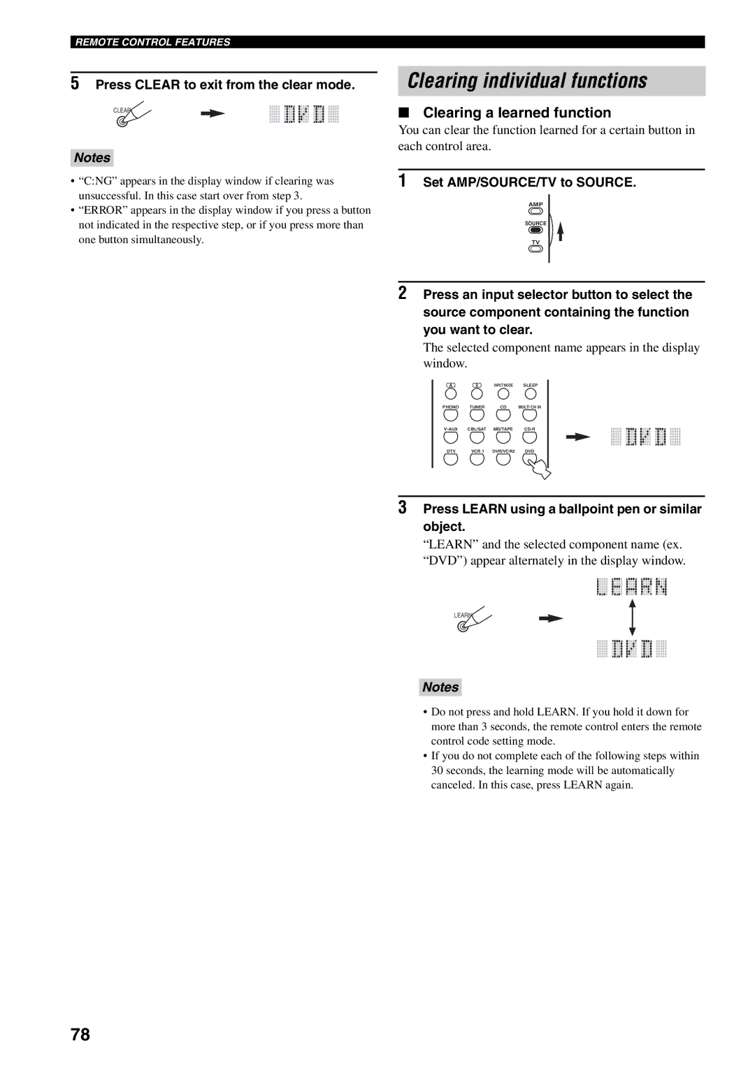 Yamaha RX-V2500 Clearing individual functions, Clearing a learned function, Press Clear to exit from the clear mode 