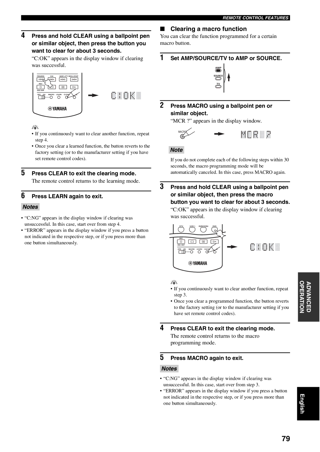 Yamaha RX-V2500 owner manual Clearing a macro function, Press Clear to exit the clearing mode, Press Learn again to exit 