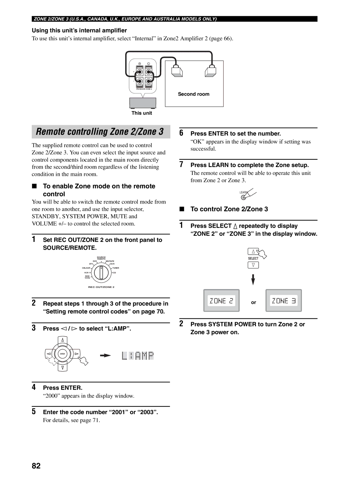 Yamaha RX-V2500 owner manual To enable Zone mode on the remote Control, To control Zone 2/Zone, Source/Remote 