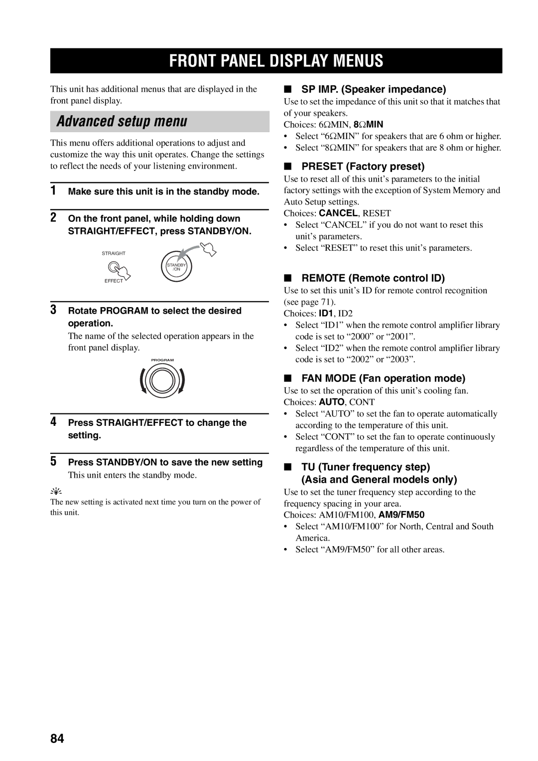 Yamaha RX-V2500 owner manual Front Panel Display Menus, Advanced setup menu 