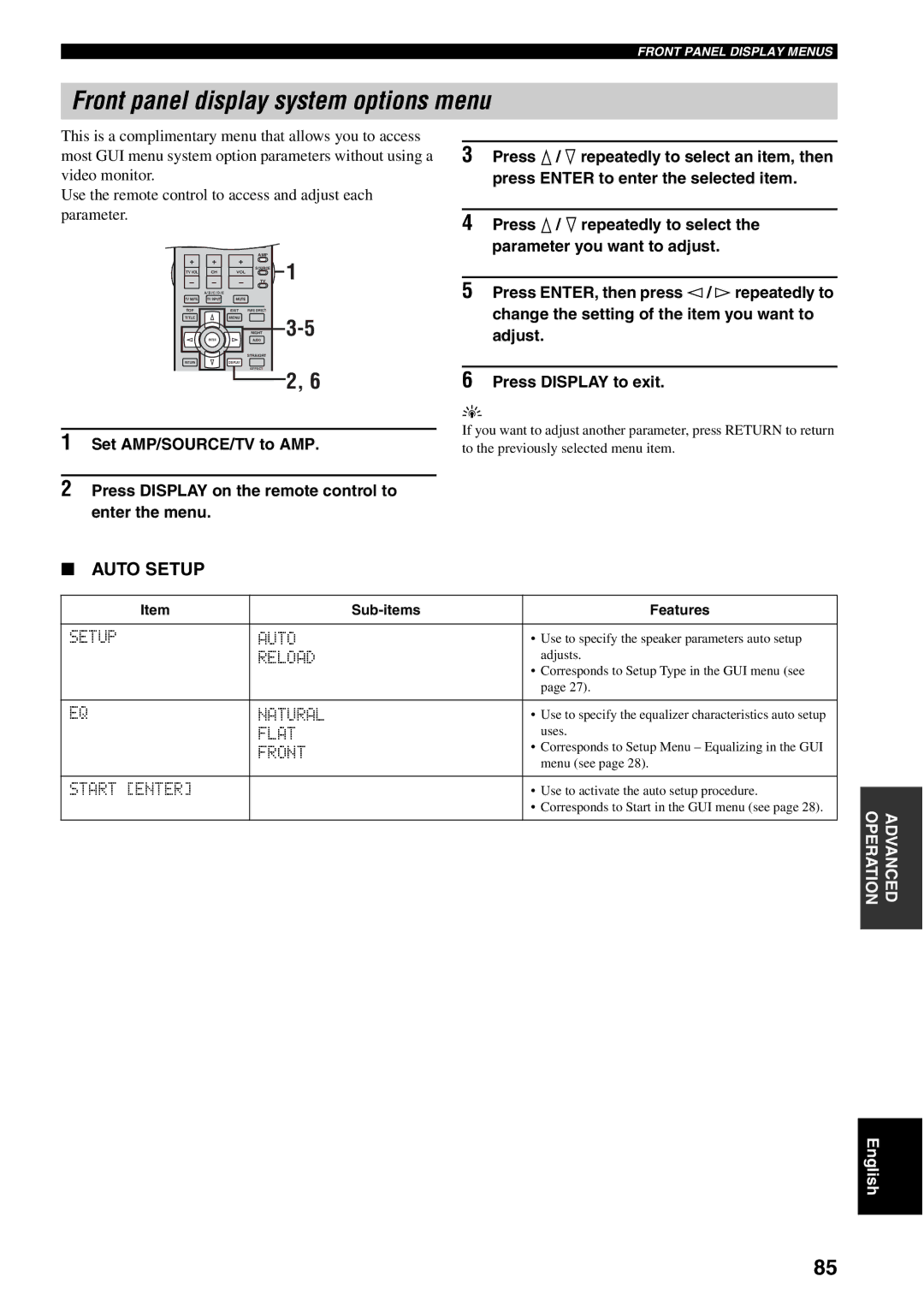 Yamaha RX-V2500 owner manual Front panel display system options menu, Auto Setup 