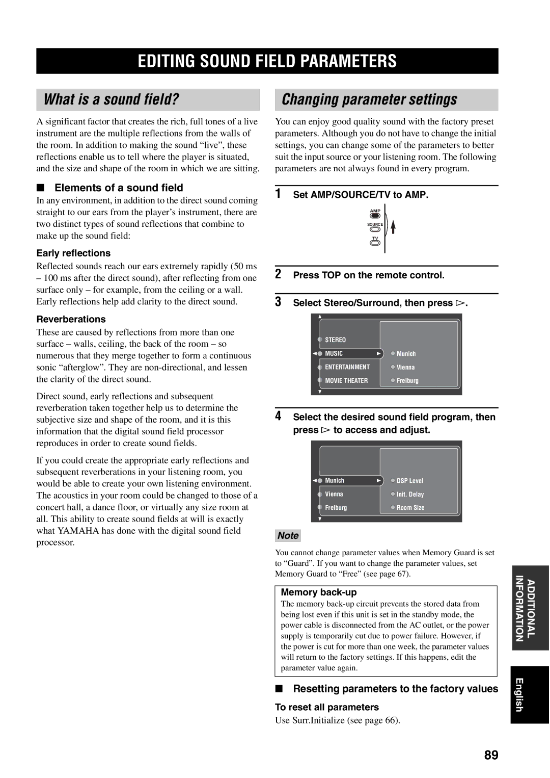 Yamaha RX-V2500 owner manual Editing Sound Field Parameters, What is a sound field?, Elements of a sound field 