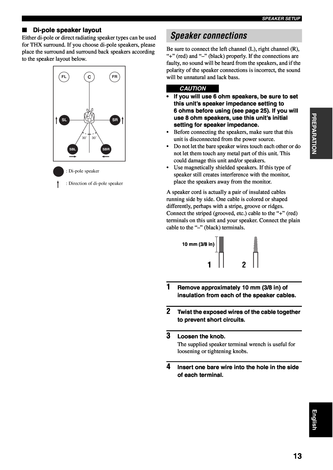 Yamaha RX-V2500 owner manual Speaker connections, Di-polespeaker layout, 3Loosen the knob 
