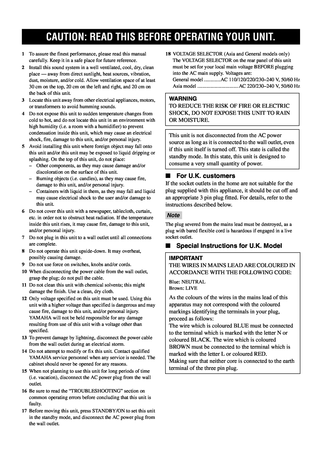 Yamaha RX-V2500 Caution: Read This Before Operating Your Unit, For U.K. customers, Special Instructions for U.K. Model 