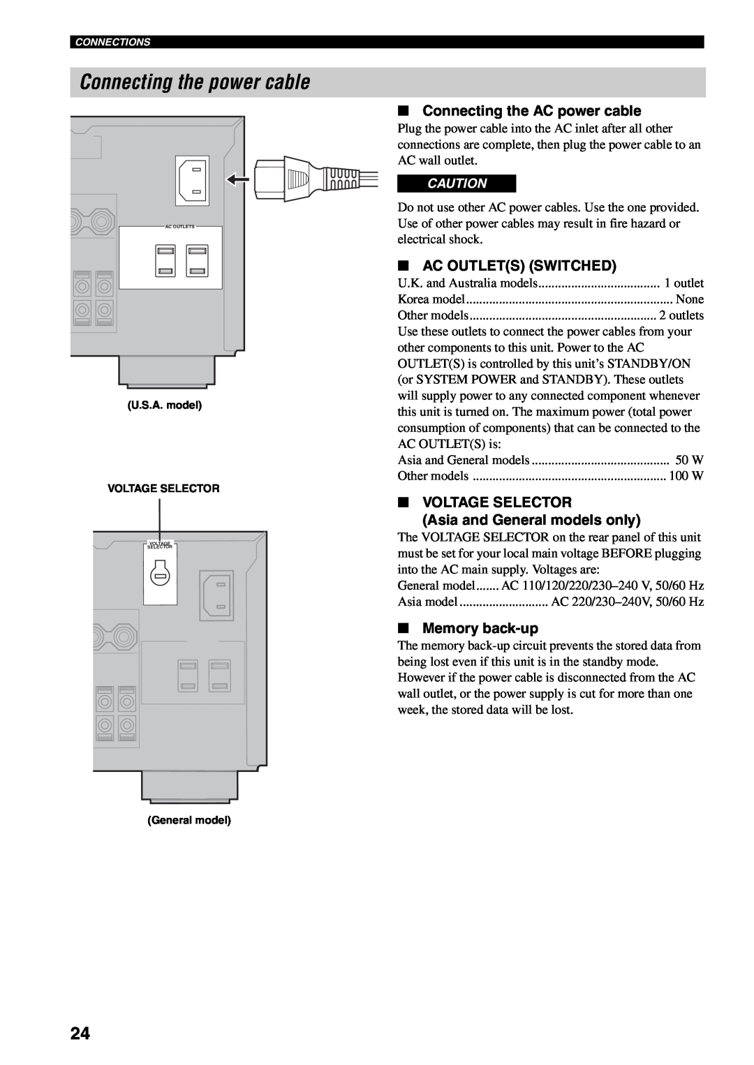 Yamaha RX-V2500 owner manual Connecting the power cable, Connecting the AC power cable, Ac Outlets Switched, Memory back-up 