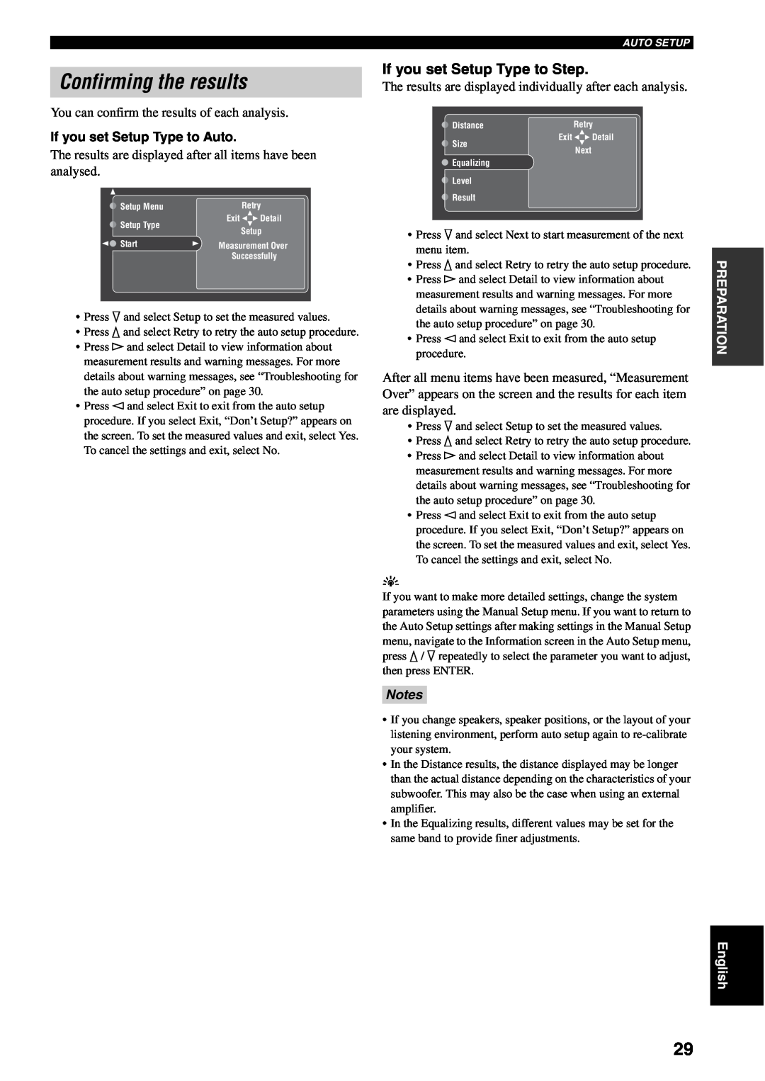 Yamaha RX-V2500 owner manual Confirming the results, If you set Setup Type to Step, If you set Setup Type to Auto 