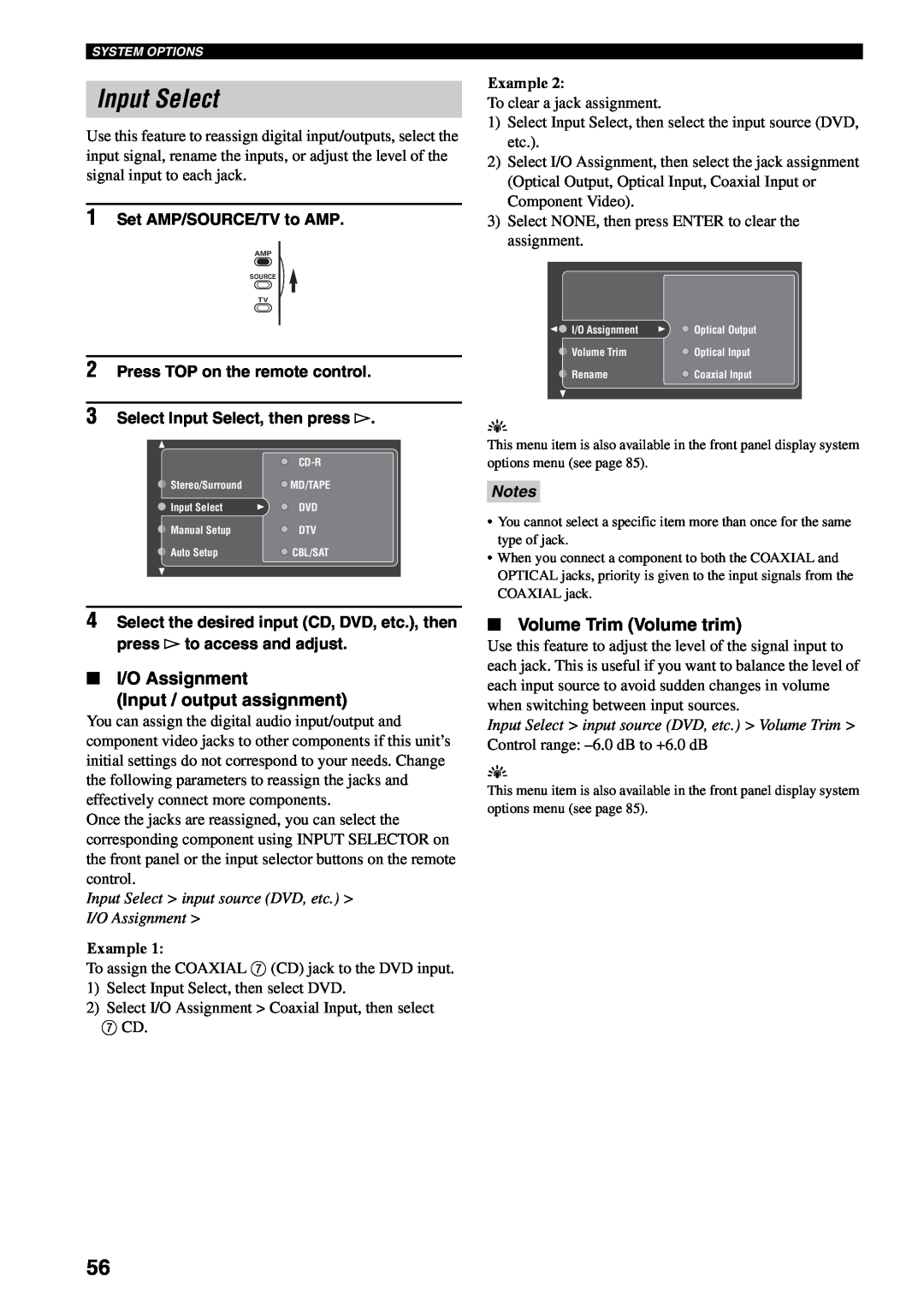Yamaha RX-V2500 Input Select, I/O Assignment Input / output assignment, Volume Trim Volume trim, Example, Notes 