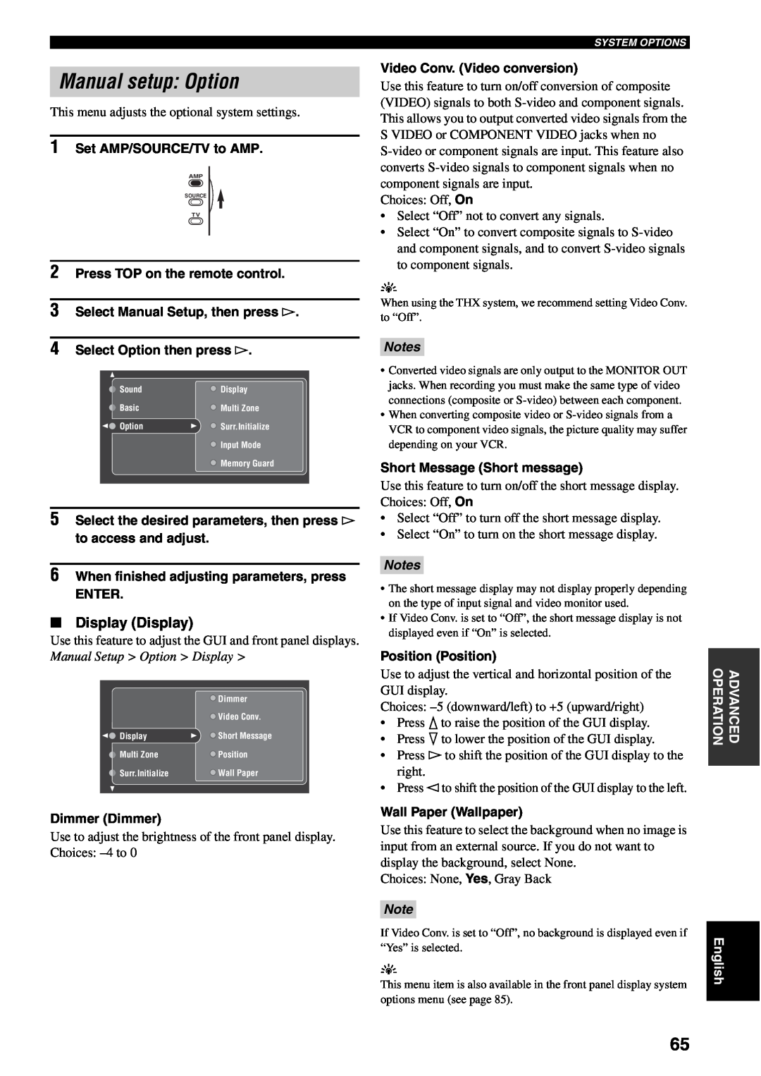 Yamaha RX-V2500 Manual setup: Option, Display Display, 4Select Option then press h, Manual Setup Option Display, Notes 