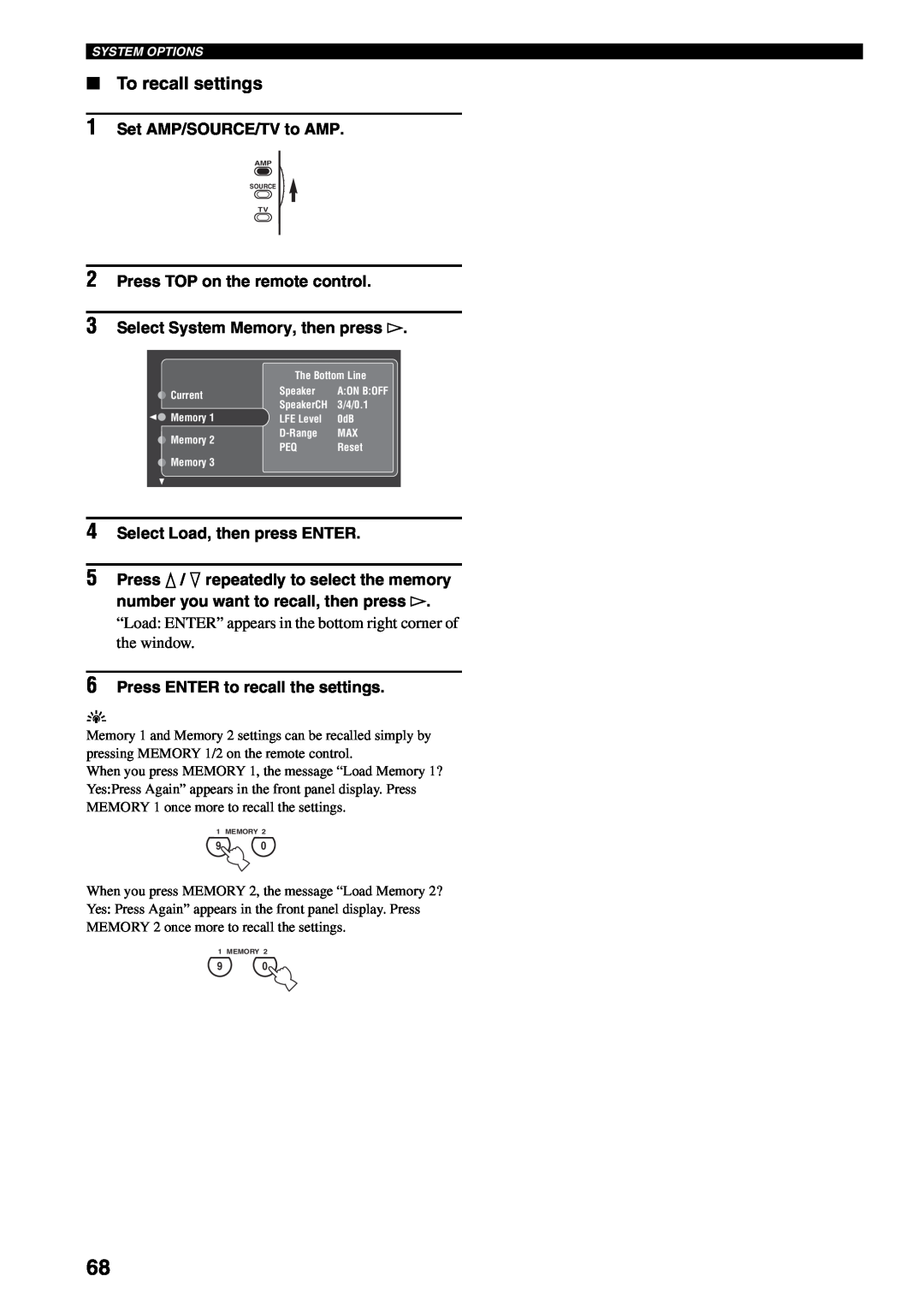 Yamaha RX-V2500 owner manual To recall settings, 4Select Load, then press ENTER, 6Press ENTER to recall the settings 