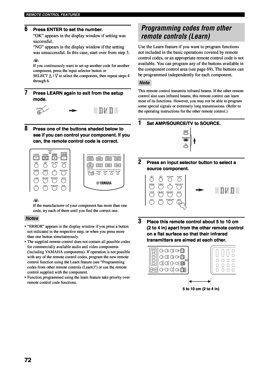 Yamaha RX-V2500 owner manual 6Press ENTER to set the number, 7Press LEARN again to exit from the setup mode, Notes 