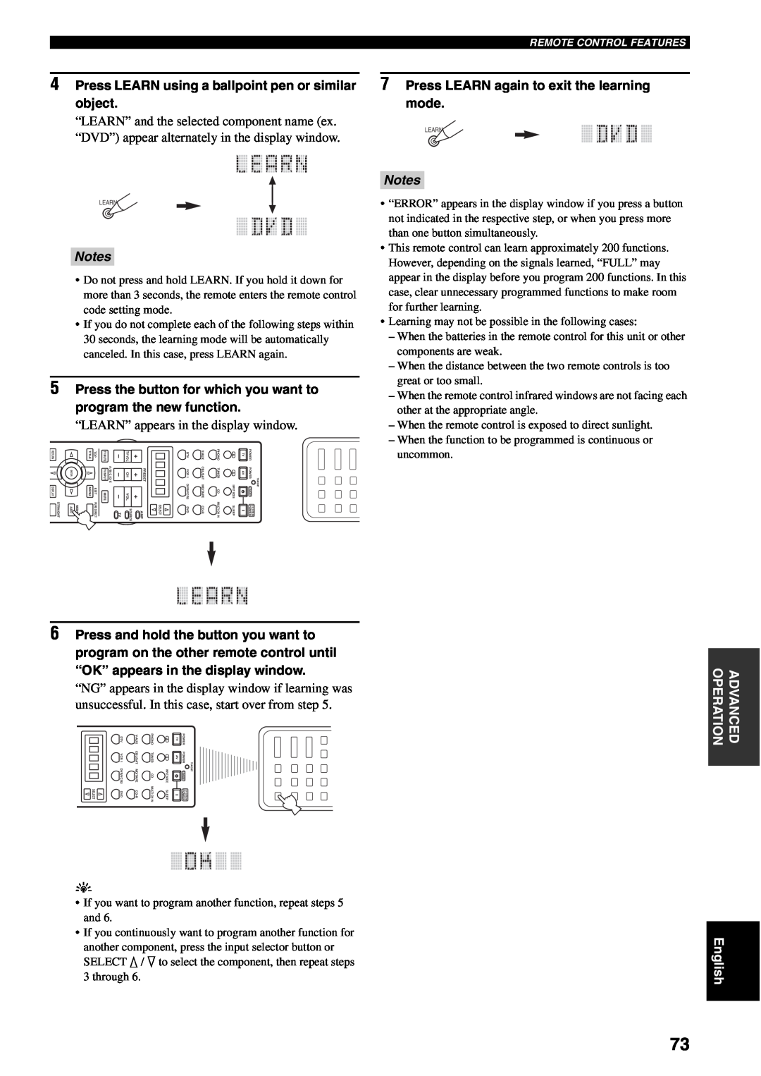 Yamaha RX-V2500 owner manual 7Press LEARN again to exit the learning mode, Notes 