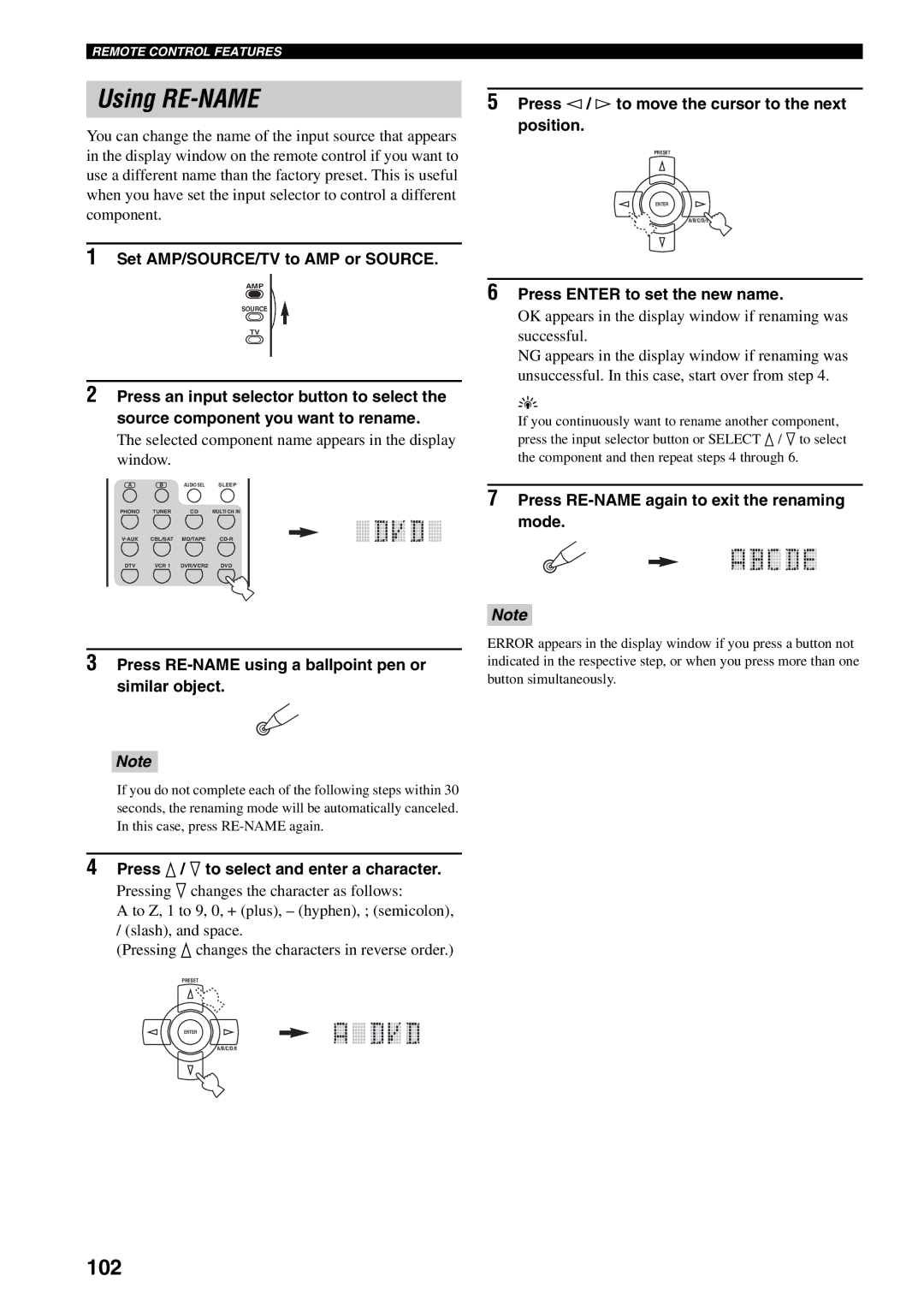 Yamaha RX-V2600 owner manual Using RE-NAME, 102 