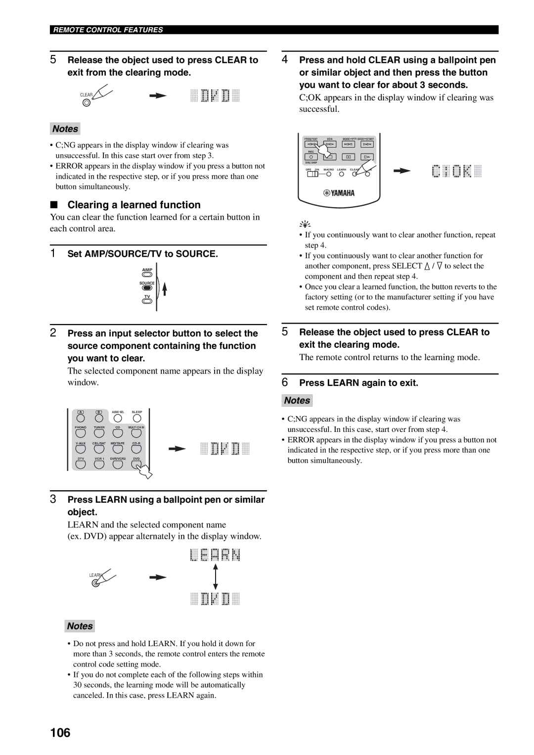 Yamaha RX-V2600 106, Clearing a learned function, Remote control returns to the learning mode, Press Learn again to exit 