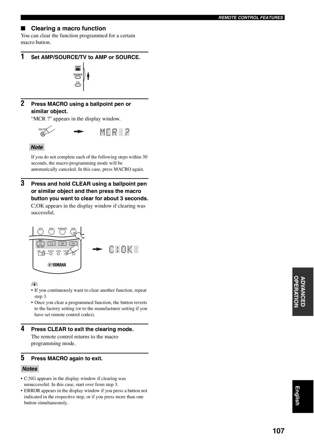 Yamaha RX-V2600 107, Clearing a macro function, Press Clear to exit the clearing mode, Press Macro again to exit 