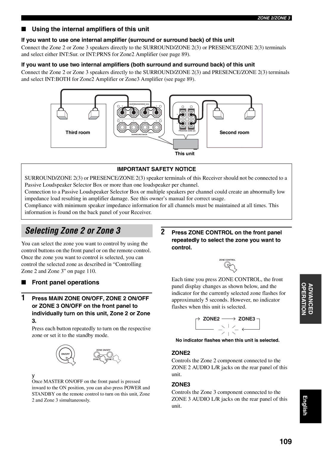 Yamaha RX-V2600 Selecting Zone 2 or Zone, 109, Using the internal amplifiers of this unit, Front panel operations 