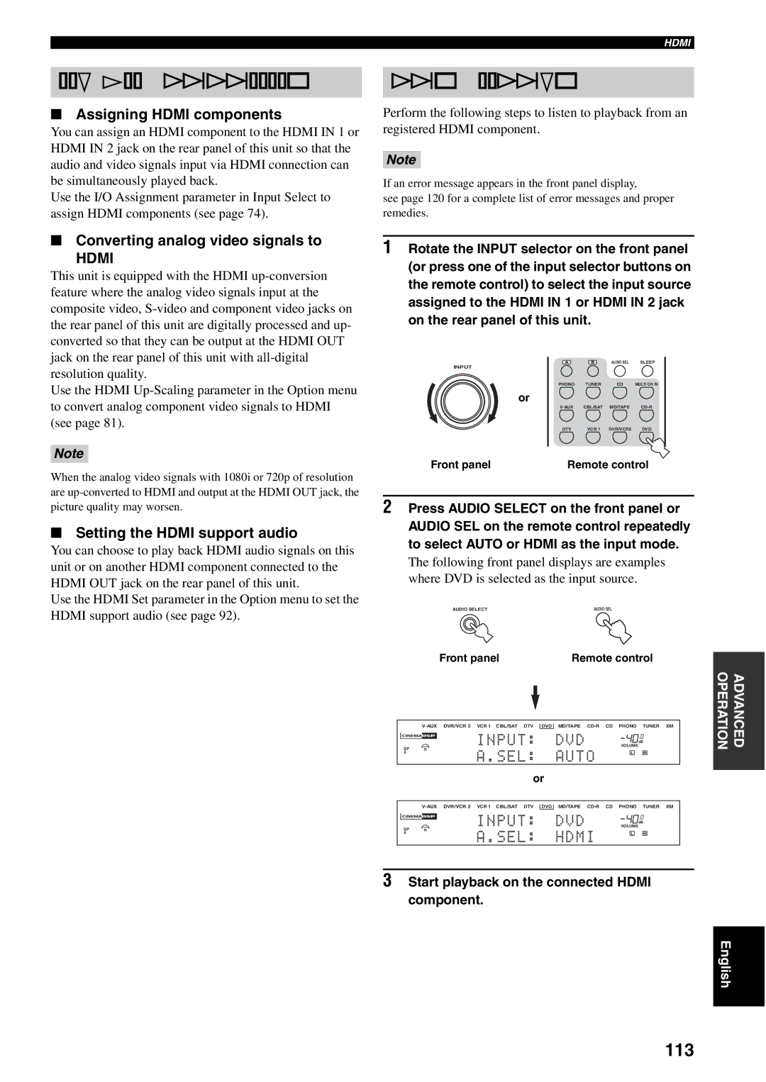 Yamaha RX-V2600 owner manual Setting the Hdmi parameters, Basic Hdmi operations, 113 