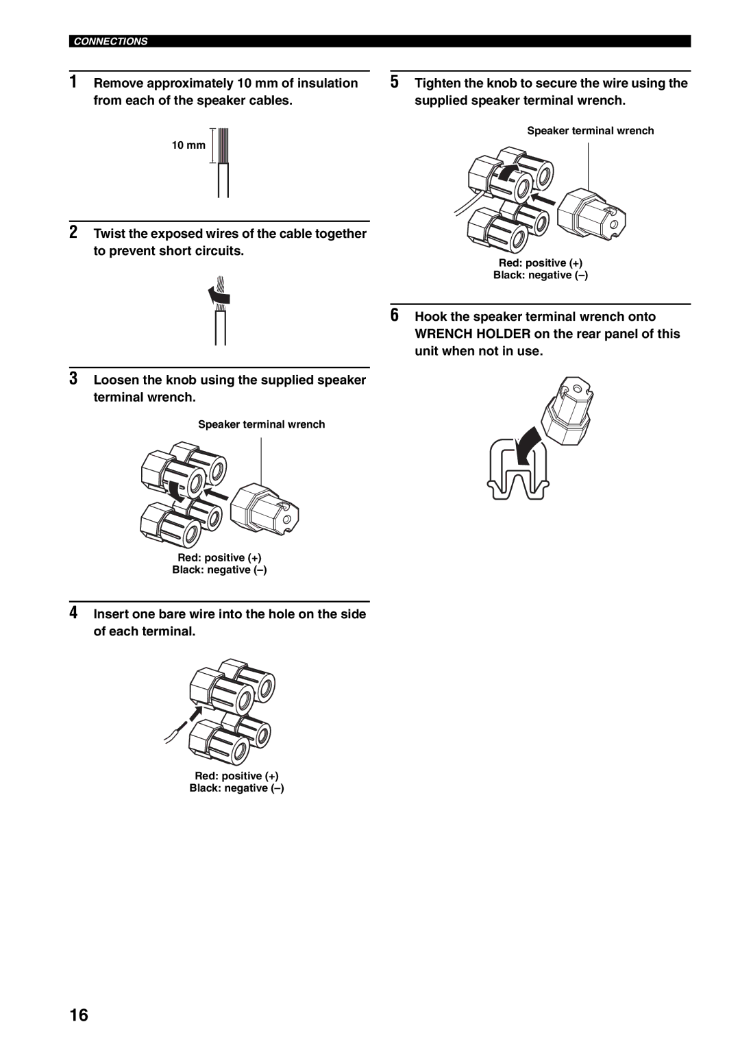 Yamaha RX-V2600 owner manual 10 mm, Speaker terminal wrench Red positive + Black negative 