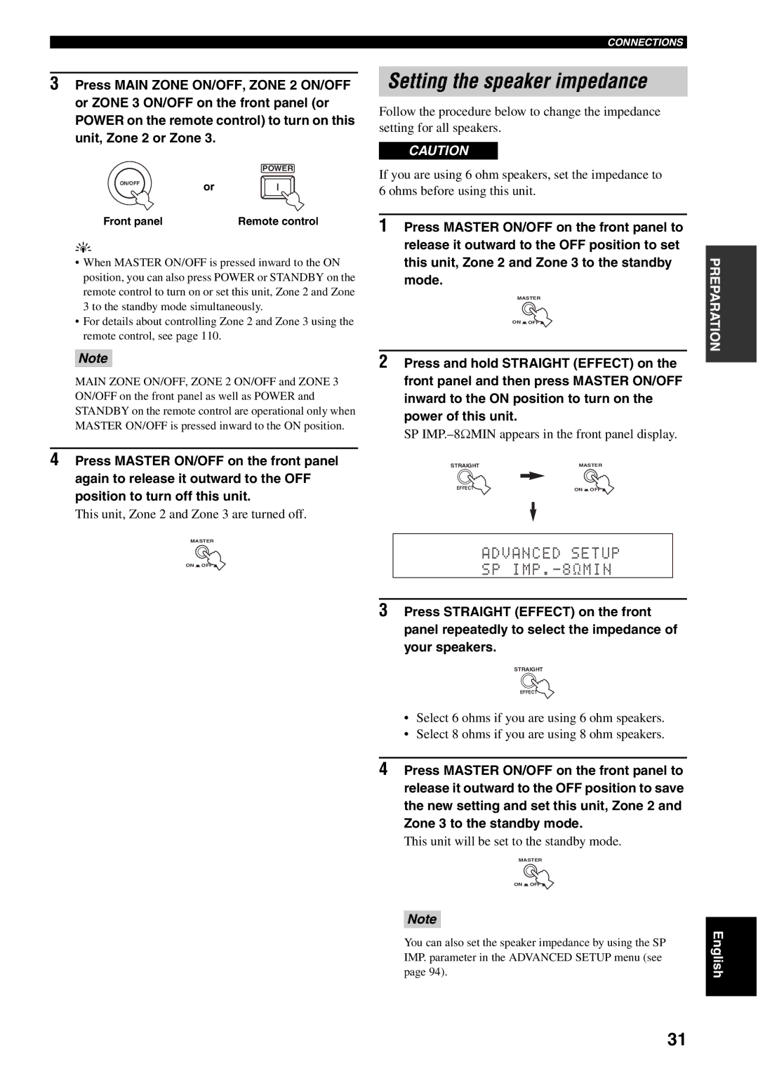 Yamaha RX-V2600 owner manual Setting the speaker impedance, This unit, Zone 2 and Zone 3 are turned off, Front panel 