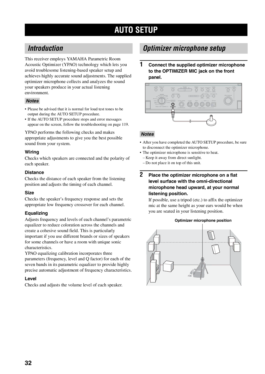 Yamaha RX-V2600 owner manual Auto Setup, Introduction, Optimizer microphone setup 