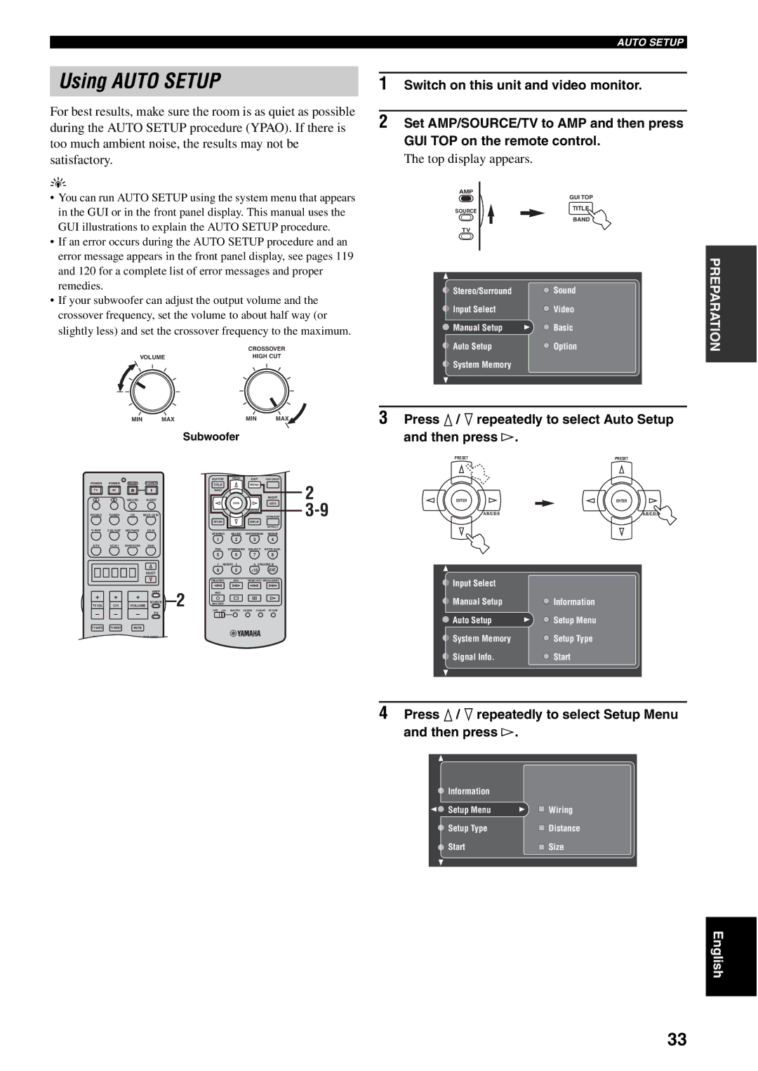 Yamaha RX-V2600 owner manual Using Auto Setup, Top display appears, Subwoofer 