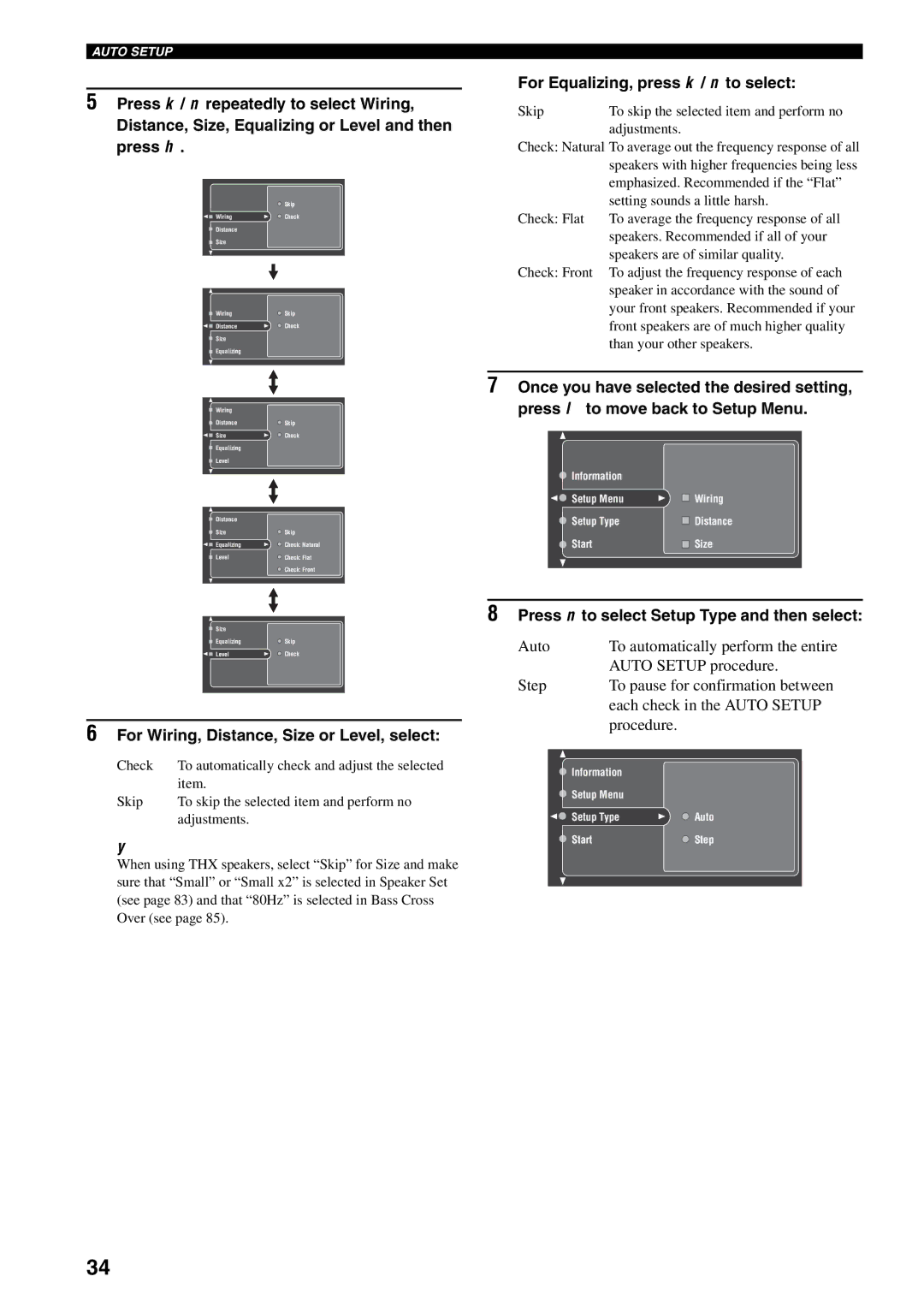 Yamaha RX-V2600 owner manual For Equalizing, press k / n to select, For Wiring, Distance, Size or Level, select 