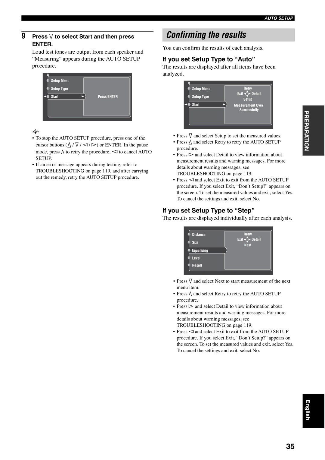 Yamaha RX-V2600 owner manual Confirming the results, If you set Setup Type to Auto, If you set Setup Type to Step, Enter 